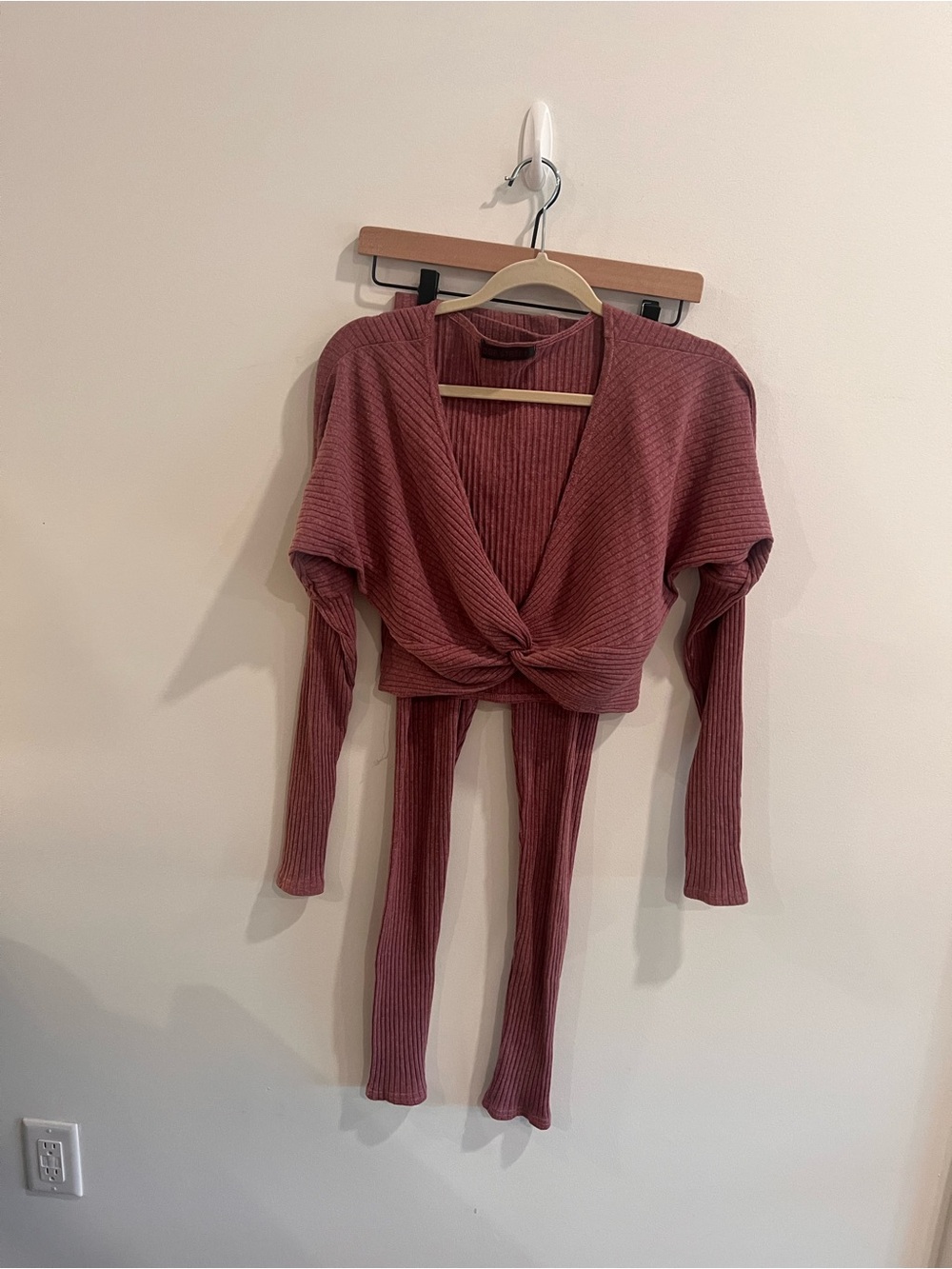 Ribbed Knot-Front Two-Piece Set in Dusty Rose